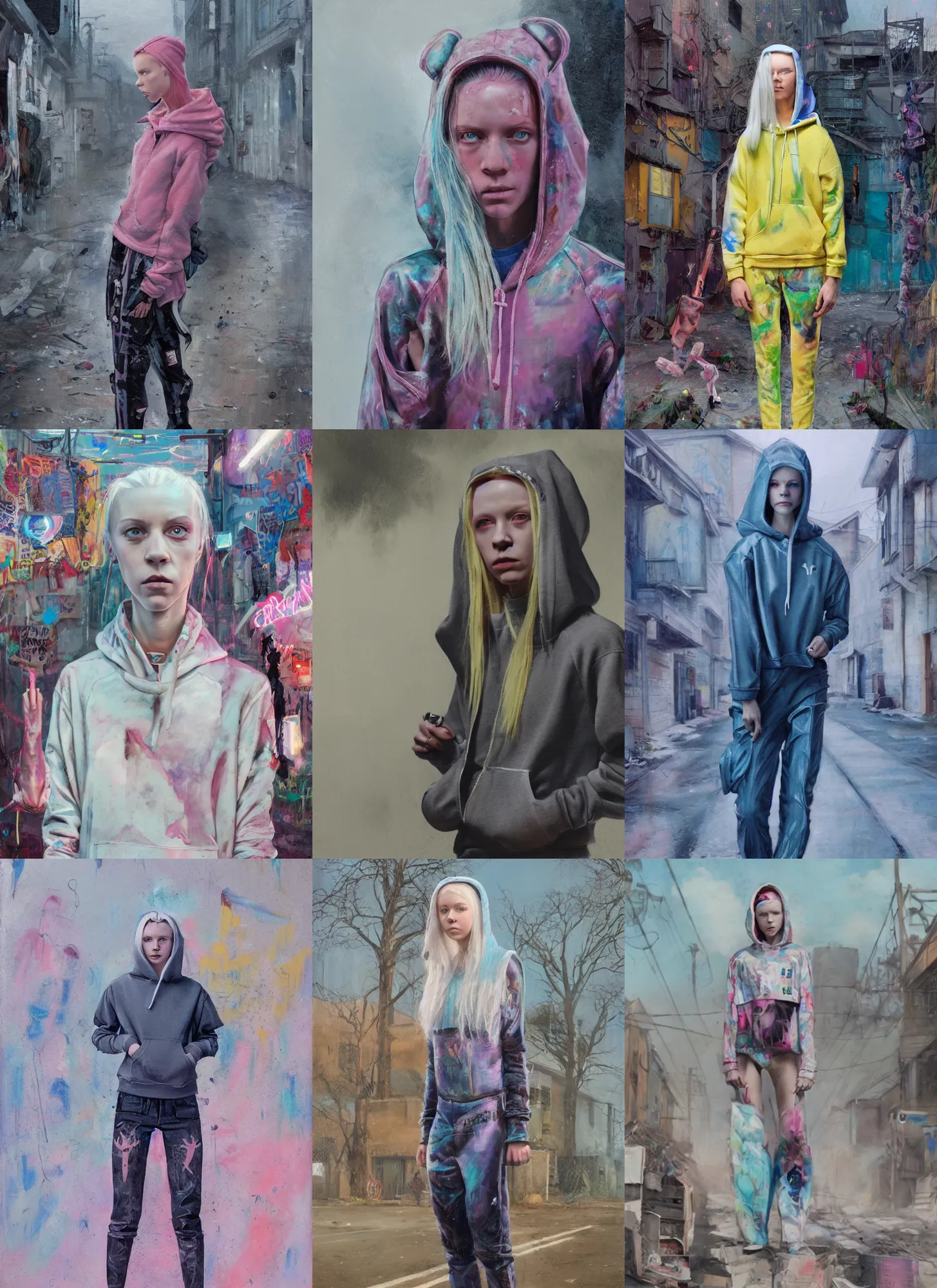 Image similar to still from music video of hunter schafer from die antwoord standing in a township street, wearing a hoodie, street clothes, full figure portrait painting by martine johanna, earl norem, wadim kashin, pastel color palette, 2 4 mm lens