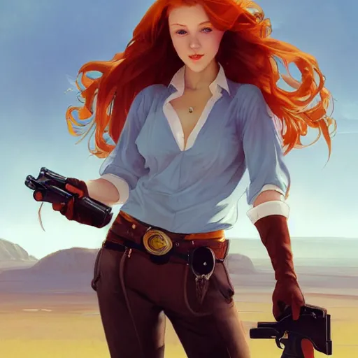 Image similar to a redhead cowgirl holding a revolver, full-body shot, digital painting, smooth, elegant, hd, art by WLOP and Artgerm and Greg Rutkowski and Alphonse Mucha