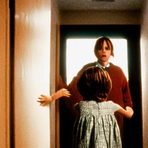 Image similar to the twins from the shining in the hallway waving to danny torrance 4 k photorealism