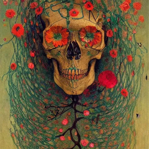 Image similar to 'Life from death' A beautiful detailed aesthetic horror portrait painting depicting 'A skeleton with vines and flowers growing all over it, birds and bees flying all around it' by Odilon Redon, Trending on cgsociety artstation, 8k, masterpiece, cinematic lighting.