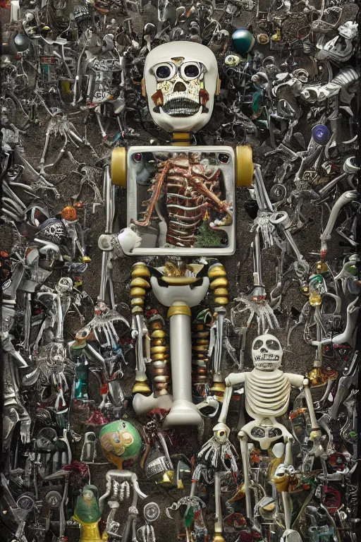 Image similar to A young child robot surrounded by chrome skeletons, octane rendering by Raqib Shaw and Salivor Dali,