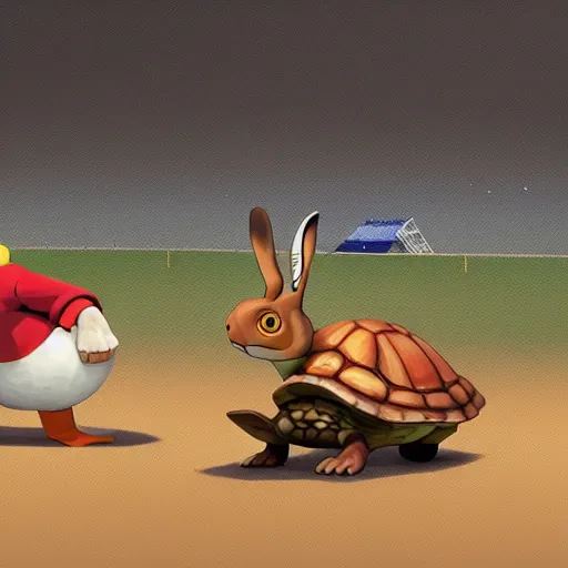 Image similar to goro fujita ilustration of a hare and a tortoise in a race in an olympic stadium, painting by goro fujita, sharp focus, highly detailed, artstation