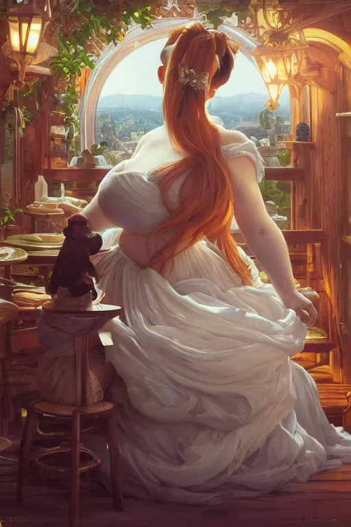 Image similar to obese cottagecore Ariana Grande , food addiction and fat rolls, inside a mc donalds, intricate, elegant, highly detailed, digital painting, artstation, concept art, smooth, sharp, focus, illustration, art by artgerm and greg rutkowski and alphonse mucha