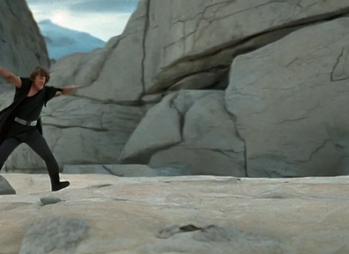 Image similar to epic screenshot from the film of Luke Skywalker, played by Mark Hammill, levitating rocks mid-air, outside marble, iconic scene from the force awakens, 1980s film directed by Stanley Kubrick, cinematic lighting, kodak, strange, hyper real, stunning moody cinematography, with anamorphic lenses, crisp, detailed portrait, 4k image