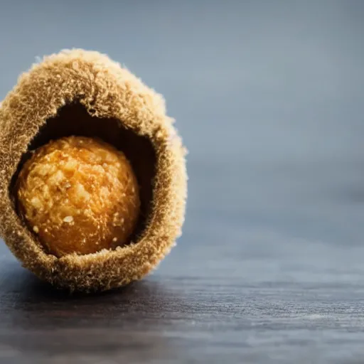 Image similar to close up photo of a miniature Scottish man in a kilt inside of a Scotch egg