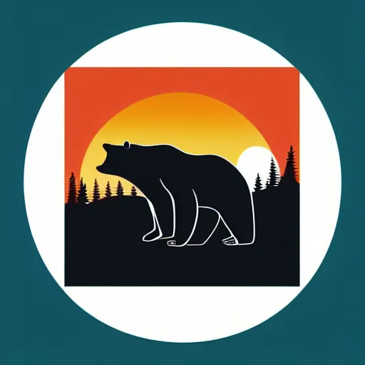 Image similar to very very very stylized minimal vector graphic of bear, hills and sunset!!, white background, all enclosed in a circle, dramatic, professional minimal graphic design cartoon