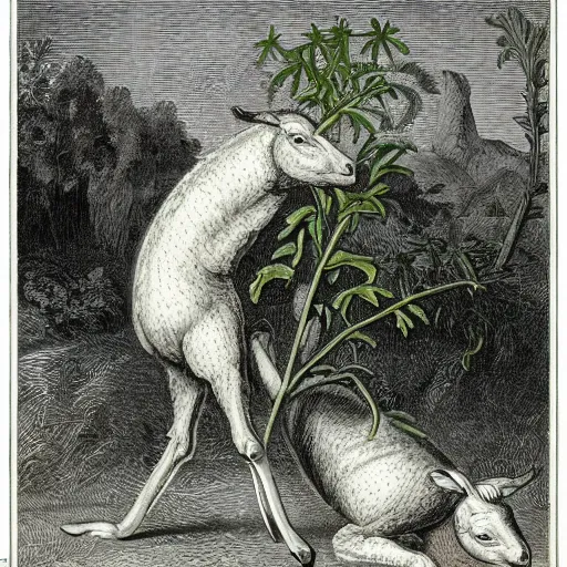 Image similar to the vegetable lamb of tartary, agnus vegetabilis, agnus tartaricus, legendary creature with the body of a lamb attached to a plant stem, cryptid photography, dynamic lighting, ultra detailed