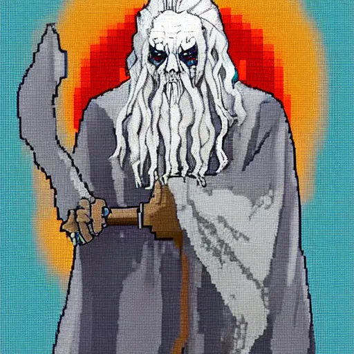 Prompt: Gandalf as a zombie in the style of pixelated art, digital art, artstation, cgsociety