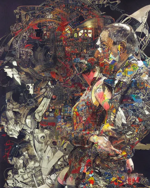 Image similar to unbelivable tension between two people, surreal, vivid colors, intricate design, painting by Alexander Mandradjiev, part by Yoji Shinkawa, part by Norman Rockwell