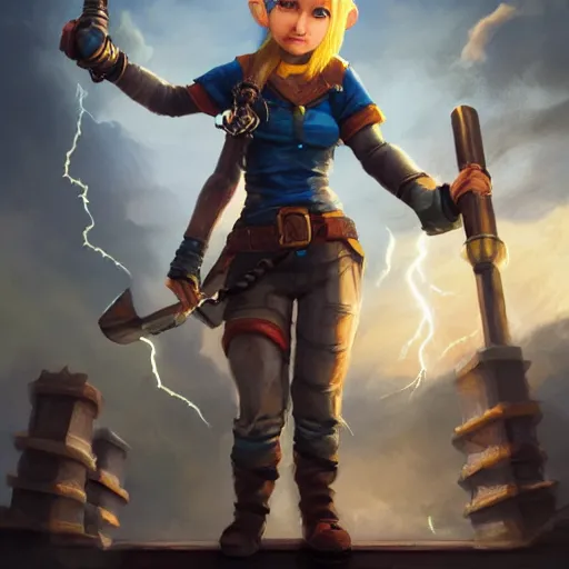 Prompt: full body portrait of a scrappy female gnome engineer with pixie undercut hair, throwing lightning from a metal gauntlet, standing on a ship deck, thunder fantasy magic, naval background, D&D, highly detailed, digital painting, HD, trending on ArtStation, dark fantasy, great composition, concept art, matte, sharp focus, illustration, by Greg Rutkowski