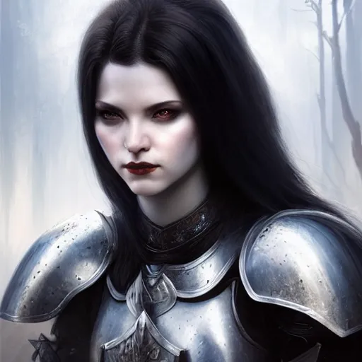 Prompt: head and shoulders portrait of a female knight, black bob hair, evil smirk, white skin, beautiful, ornamental armor, dark fantasy, extremely detailed, smooth sharp focus, realisitc, matte painting, by frank franzzeta, rossdraws, wlop