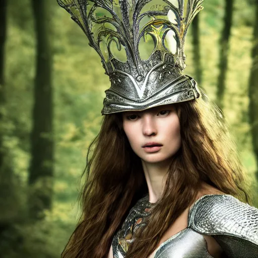 Prompt: a masterpiece ultrarealistic ultradetailed portrait of silver armored magic knight, in a forest, long brown hair, woman, fashion pose, baroque renaissance. photo by philip - daniel ducasse and yasuhiro wakabayashi and jody rogac, telephoto, intricate, elegant, global illumination. vfx