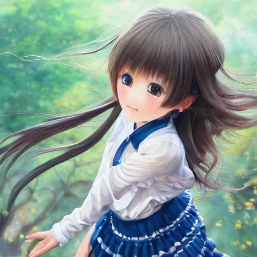 Image similar to dynamic composition, motion, ultra-detailed, incredibly detailed, a lot of details, amazing fine details and brush strokes, gentle palette, smooth, HD semirealistic anime CG concept art digital painting, watercolor oil painting of a young J-Pop idol schoolgirl, by a Japanese artist at ArtStation. Realistic artwork of a Japanese videogame, soft and harmonic colors.