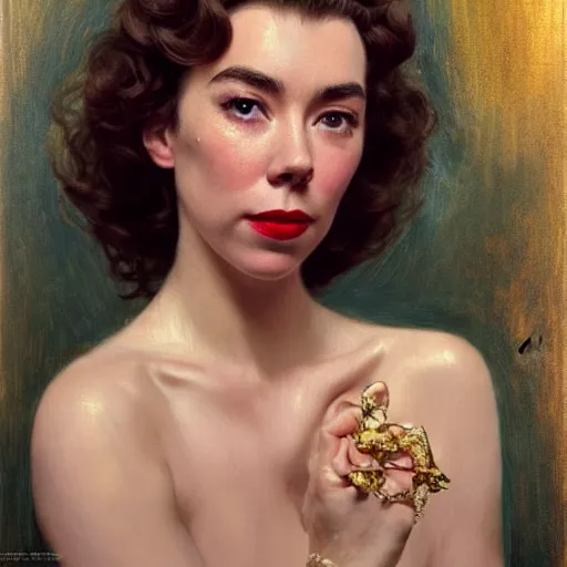 Prompt: vanessa kirby as dark - haired 1 9 5 0 s goddess, a beautiful closeup oil painting, she has tears running down her face, wet lips, perfect eyes, insanely detailed, elegant, by wlop, rutkowski, livia prima, mucha,