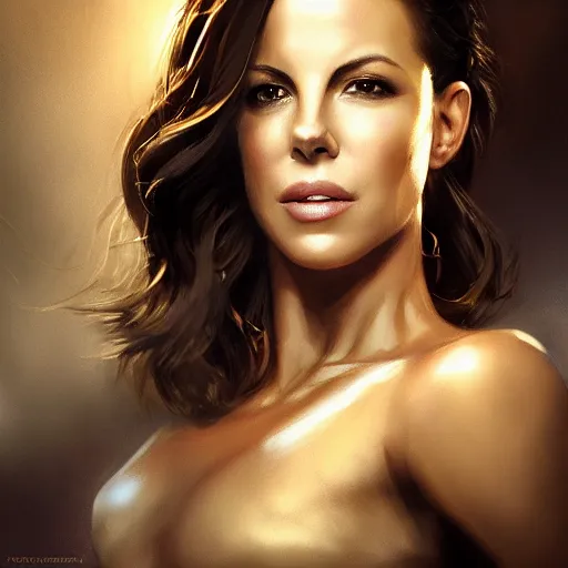 Image similar to closeup portrait of a kate beckinsale, seductive smile, soldier, army chiaroscuro, city background, golden hour, dramatic lighting, complementary contrast, high detail, painted by greg rutkowski, painted by igor kieryluk, trending on artstation