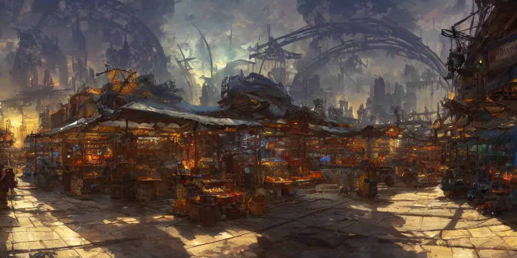 Prompt: screenshot of a marketplace in a massive makeshift city, dappled light, colossal arcing metal structures high in the sky, beautiful, awe inspiring, fps, thomas kinkade, by craig mullins, james gurney, greg rutkowski, sparth, mucha, cinematography, cinematic masterpiece