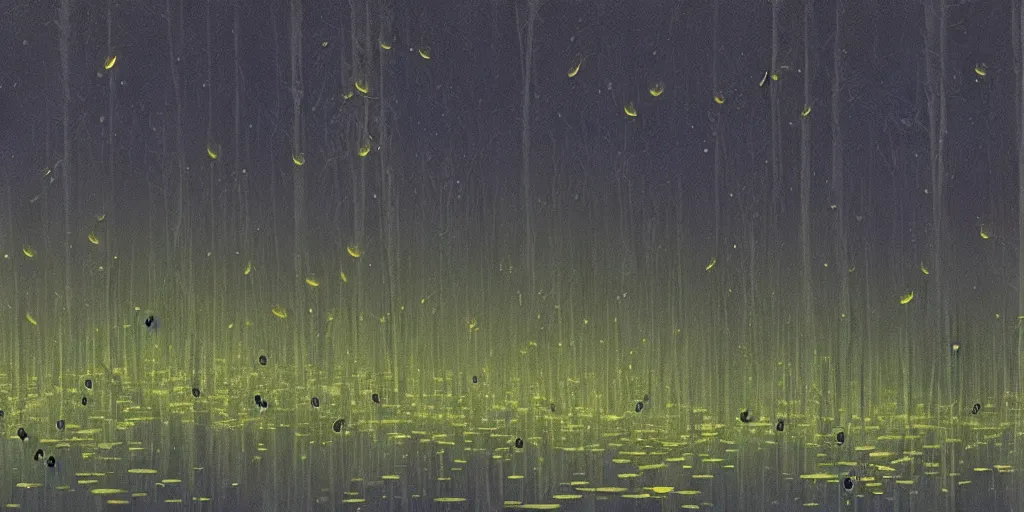 Image similar to painting of fireflies in a murky swamp, muted colors, mysterious, creepy