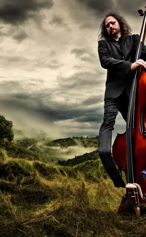 Prompt: classical musician playing double bass, wind in long hair, landscape, hills, mountains, rubbles, ruins, clouds, dark sky, explosions, apocalypse, war, dust,, rain, raindrop, wet, blood