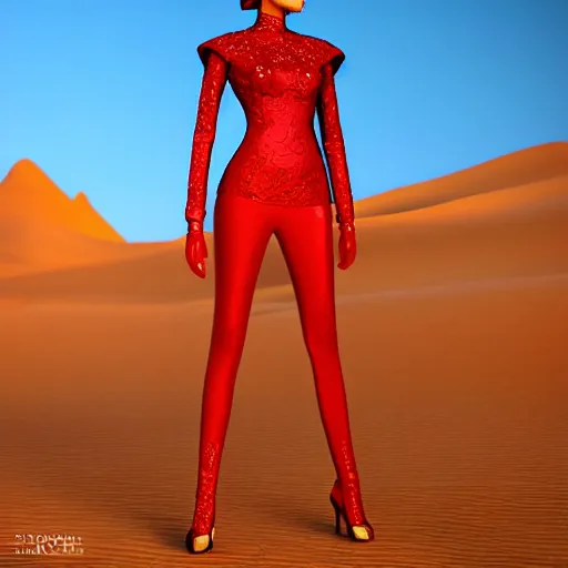 Image similar to innovative avant-garde art, deco fashion, asian women, wearing red, highly detailed, photorealistic portrait, serene desert setting, golden hour, crisp quality and light reflections, unreal engine 5 quality render