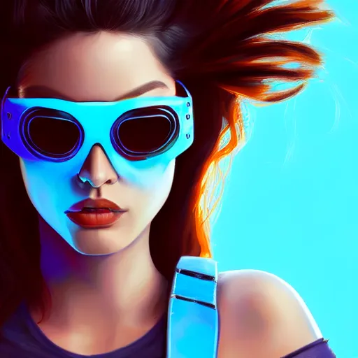 Image similar to closeup painting of a very beautiful young mexican cyberpunk woman smirking, wearing light blue shutter shades and a leather jacket, one side haircut, long brown hair with light blue ends, portrait, hyperdetailed, artstation, cgsociety, 8 k