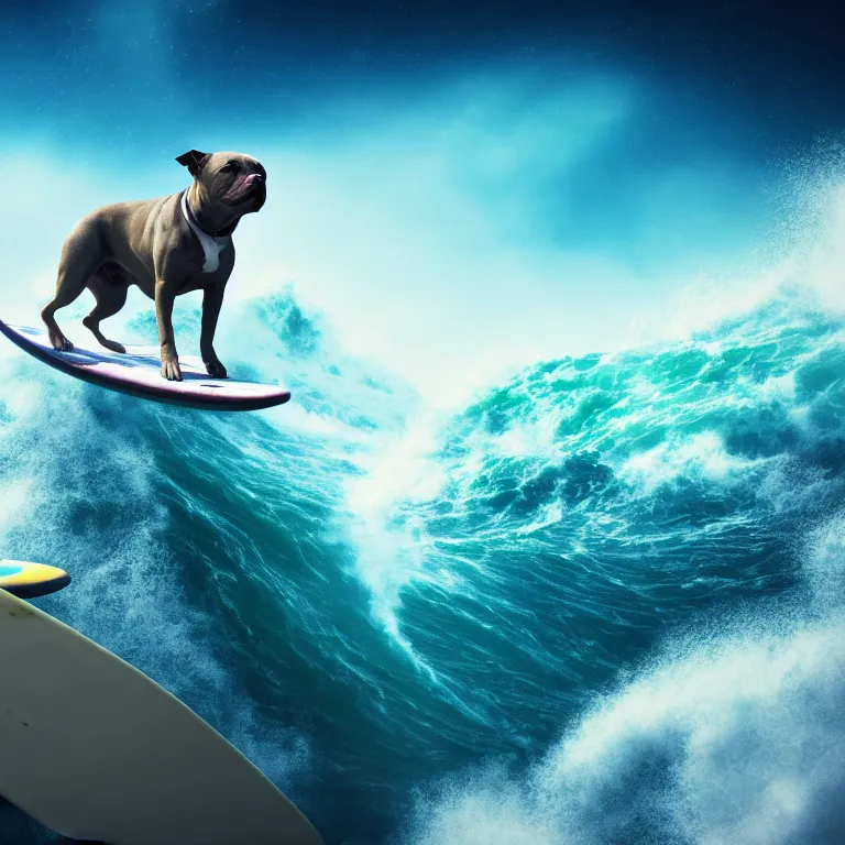 Image similar to photo of a gray coat pit bull with white paws, surfing on a surfboard in a crashing wave of alien ocean in space, background is an alien galaxy, aliens in the background, alien colors, octane render, unreal engine, wide view, 8 k, high detaild