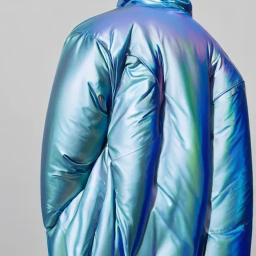 Prompt: an ultra high definition professional studio quality photograph of a transparent iridescent perspex pastel coloured puffa - jacket on a white coat hook in an empty white room. dramatic lighting, ray tracing, refraction, shallow d. o. f, colour corrected, golden ratio, three point light. light rays.
