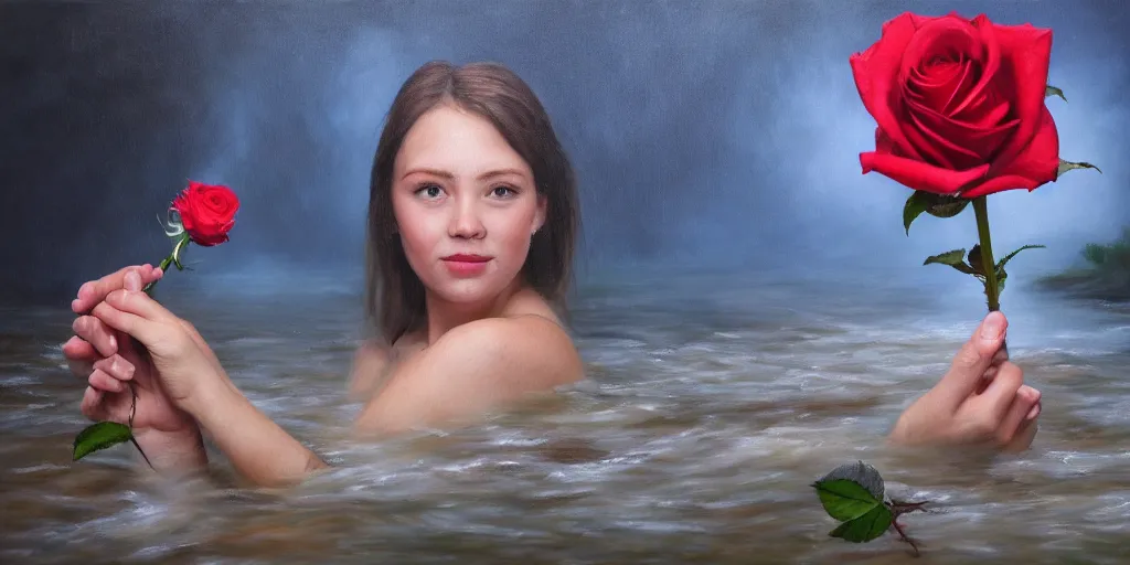 Image similar to portrait of bird holding a rose in a river. hyperrealistic oil painting, 4k, studio lightning, very detailed faces