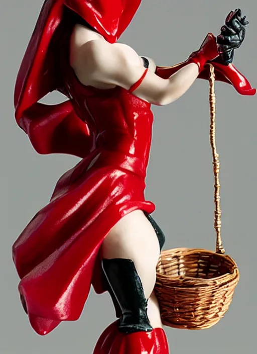 Prompt: Image on the store website, eBay, 80mm Resin figure model of a woman as little red hood ,holding a basket under her left arm.