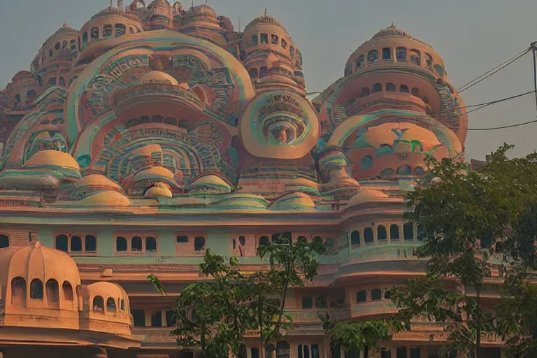 Image similar to beautiful dreamscape! biomorphic new delhi, hanuman!! head building, kalighat, octane sharp cinematic, stephen shore & john j. park, soft morning light, wide shot, high angle, uhd 8 k, shallow depth of field