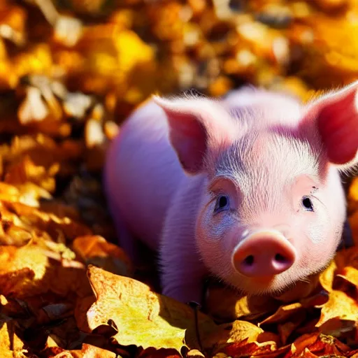 Prompt: cute piglet in a pile of autumn leaves, pixar style