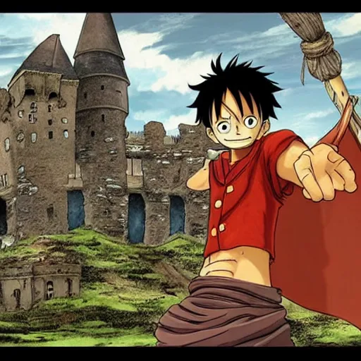 Image similar to luffy in the harry potter universe far away at some ruins from a castle. a wizard is already there and summons a portal that would take me back home.