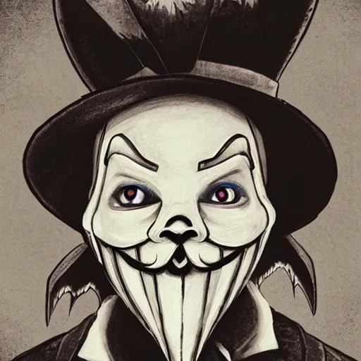 Prompt: a detailed portrait of a creepy bunny wearing an anonymous guy fawkes mask dressed in a suit having neon eyes, epic, cinematic, very detailed, creepy, horror, dreamscape