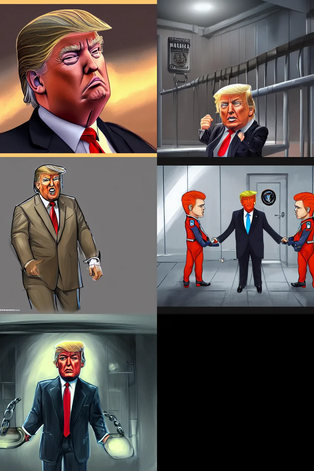 Prompt: Donald Trump going to jail in a prison suit and handcuffs, highly detailed, digital painting, artstation, concept art, smooth, sharp focus, illustration, ArtStation