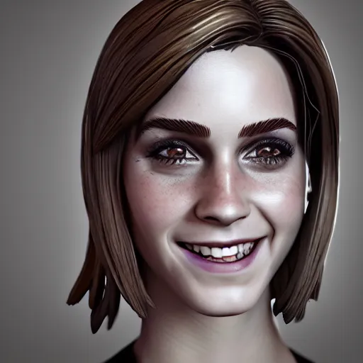 Image similar to textured film grain eye shadow smoky eyes subsurface scattering fashion model face smiling laughing squinting emma watson as a fortnite character cgsociety octane render unreal engine redshift render trending on artstation trending on artstation render blender behance cg superhero