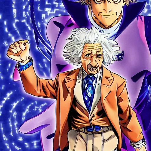 Prompt: Albert Einstein in Jojo\'s Bizarre Adventure, character art, Hirohiko Araki, masterpiece, beautiful, clean lines, dramatic pose, artstation, high detail face, high resolution scan, Hirohiko Araki, Hirohiko Araki, masterpiece