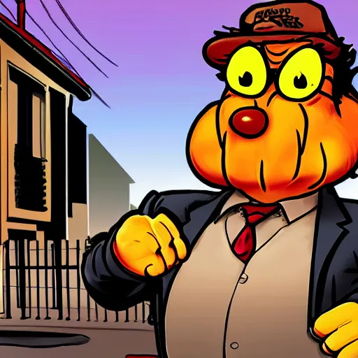 Prompt: realistic photo garfield gangster criminal thug garfield