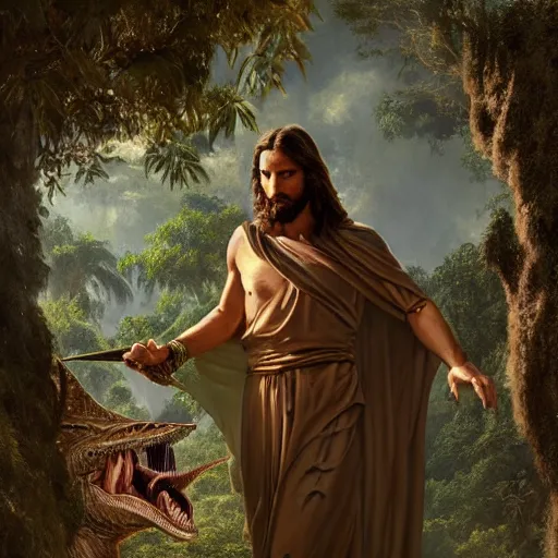 Prompt: a detailed matte painting of a ridiculously good looking jesus who is best friends forever with a velociraptor, elegant ancient greek dress, jungle as the background, drinking a martini, very detailed, beautiful, intricate, art by greg rutkowski and robert e howard, octane render