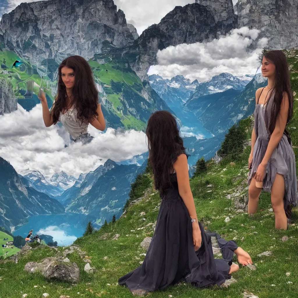 Image similar to A girl that looks like the mona lisa with beautiful switzerland landscape in the background