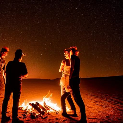 Image similar to atmospheric photograph of three fully clothed ravers, two men, one woman, seen from behind, talking around a fire, dancefloor kismet, diverse costumes, clean composition, desert transition area, bonfire, night, australian desert, xf iq 4, symmetry, sony a 7 r, 1 5 0 mp, 5 0 mm