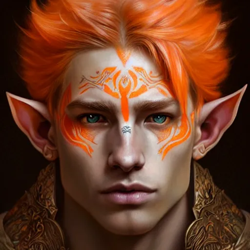 Prompt: portrait painting of an elven male teen with short light orange hair and tribal tattoos on his face wearing fur armor, ultra realistic, concept art, intricate details, eerie, highly detailed, photorealistic, octane render, 8 k, unreal engine. art by artgerm and charlie bowater and magali villeneuve and alphonse mucha