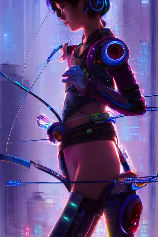 Prompt: portrait futuristic adorable cyberpunk young female archer, in futuristic stormy thunder light tokyo rooftop cyberpunk night, ssci-fi, fantasy, intricate, very very beautiful, elegant, neon light, highly detailed, digital painting, artstation, concept art, soft light, hdri, smooth, sharp focus, illustration, art by tian zi and craig mullins and WLOP and alphonse mucha