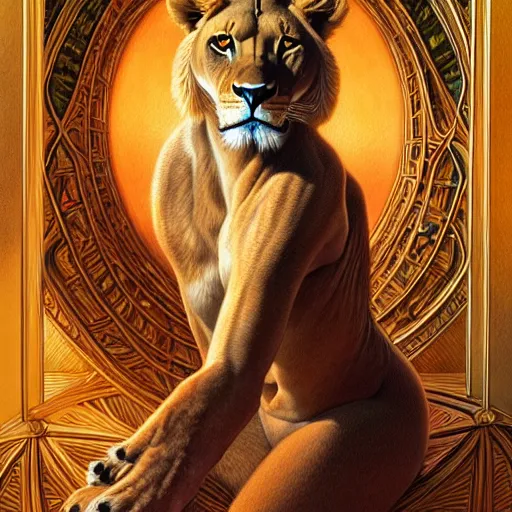 Image similar to highly detailed portrait of a majestic lioness queen in the form of a beautiful woman. d & d. art by donato giancola, arthur adams, anna dittmann, alberto vargas. trending on artstation, intricate details, energetic composition, golden ratio, concept art, illustration, elegant art, global illuminaition