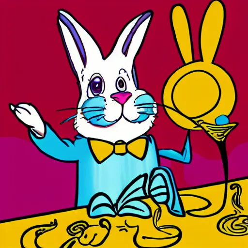 Prompt: anthropomorphic rabbit pulling a magician out of a magic hat