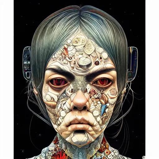 Image similar to beautiful portrait painted in jacek yerka and aykut aydogdu style drawn by sasha bom and takato yamamoto, inspired by cyberpunk, intricate acrylic gouache painting, high detail, sharp high detail, artstation, manga and anime