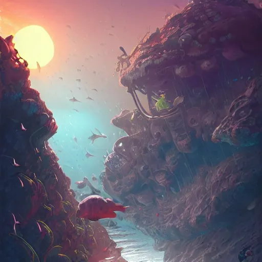 Image similar to Astronauts and some mythical animals are under the sea, they are swimming away from the giant kraken, the kraken is behind chasing them, this is an extravagant planet with wacky wildlife, the background is full of ancient ruins, the ambient is dark with a terrifying atmosphere, by Jordan Grimmer digital art, trending on Artstation,