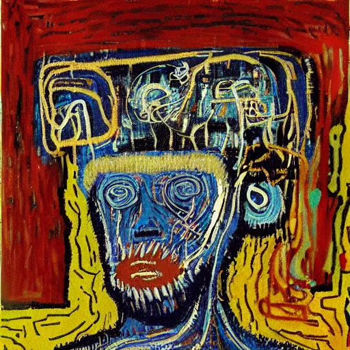 Image similar to artificial intelligence painting by van Gogh klimt Jean-Michel Basquiat