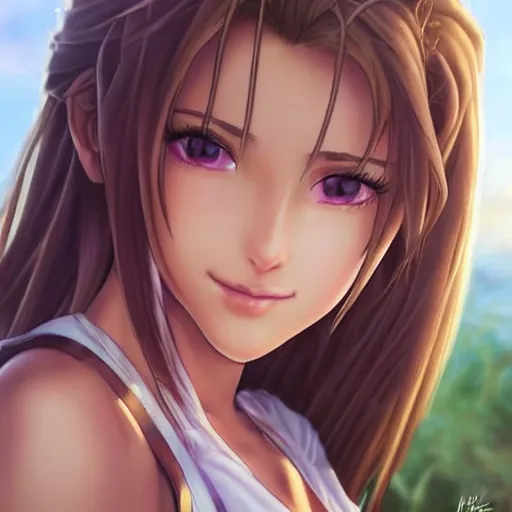 Prompt: beautiful aerith from final fantasy in daisy dukes on the beach making eye contact drawn by artgerm
