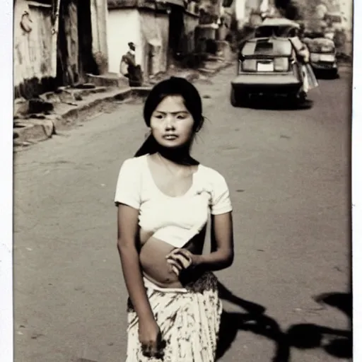 Image similar to 3 5 mm vintage polaroid picture of a nepali girl in the street of kathmandu, posing for playboy photoshoot