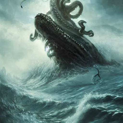 Image similar to a kraken rises from the ocean swallowing a pirate ship by raymond swanland, highly detailed