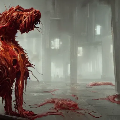 Image similar to concept art by greg rutkowski, dog - shaped monster made of twisted meat and reddish ooze, roaming the colony, looking rabid, in a claustrophobic, futuristic and brutalist environment, frightening and creepy atmosphere, scifi, highly detailed portrait, digital painting, artstation, concept art, smooth, sharp foccus ilustration, artstation hq